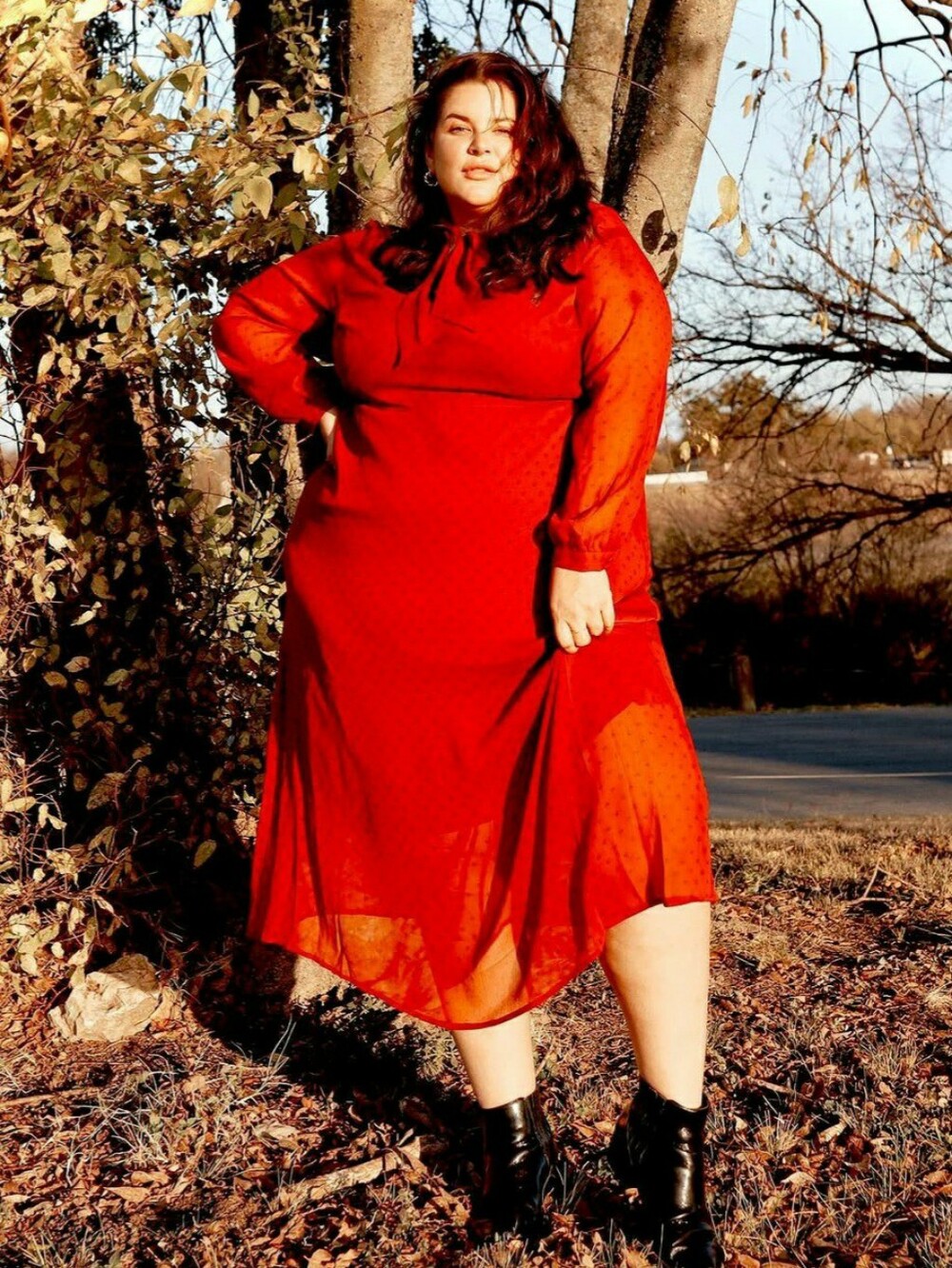 EVRI Plus Size Sheer Overlay Red Midi Dress with Black Dot Print & Tie Neck NWT